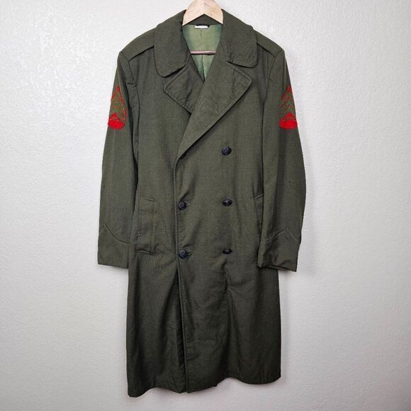 Overcoat Wool Serge Green Men's 38L USMC Marine Core Army Trench Coat Vintage - Picture 1 of 15